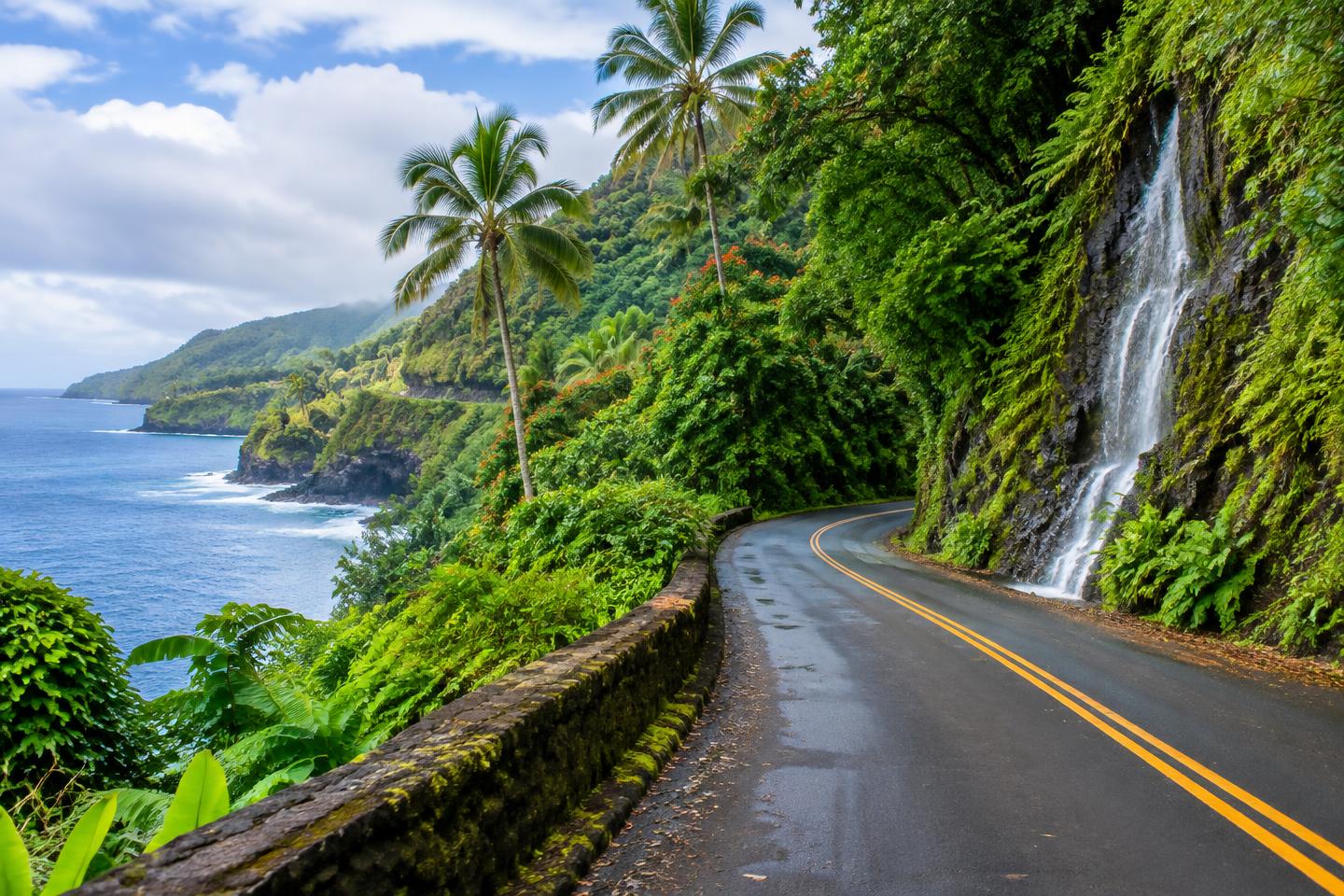 Scenic guide illustration of a winding coastal road beside a waterfall and tropical greenery
